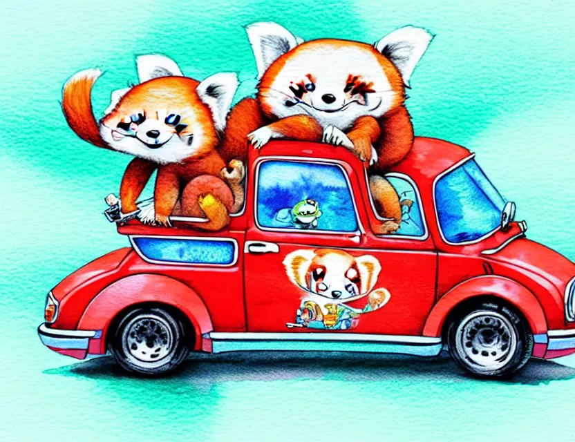 Image similar to cute and funny, red panda riding in a tiny hot rod with oversized engine, ratfink style by ed roth, centered award winning watercolor pen illustration, isometric illustration by chihiro iwasaki, edited by range murata, tiny details by artgerm and watercolor girl, symmetrically isometrically centered