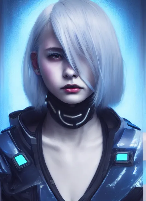 Prompt: portrait grey blue hair of futuristic police girl, black color uniform, at cyberpunk reflected tokyo night, ssci - fi and neon light, fantasy, intricate and beautiful, highly detailed, digital painting, artstation, concept art, smooth and sharp focus, illustration, art by tian zi and wlop and alphonse mucha