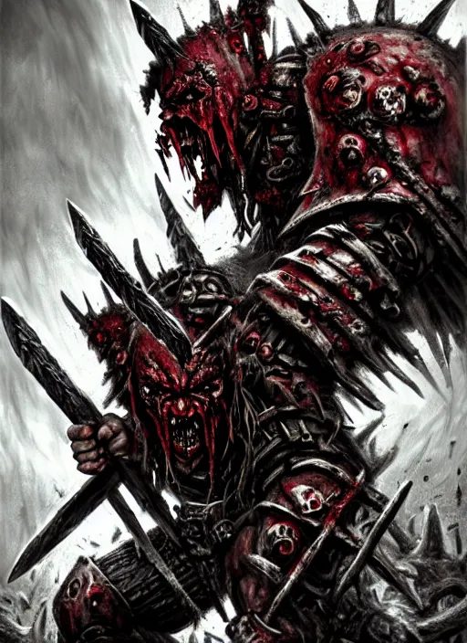 Prompt: berserker of khorne, blood warrior, evil, bloody axe, screaming, insanity, anger, psychopath, intricate, bloody runes, runes, bottom up lighting, warhammer, warhammer 4 0 k, highly detailed, digital painting, concept art, sharp focus, illustration, psychedelic, grim dark, moody, gloomy, art by john blanche