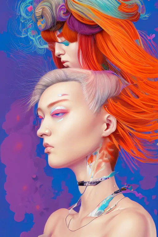 Image similar to a award winning half body portrait of a beautiful caucasian woman in a croptop and cargo pants with ombre orange blue teal hairstyle with head in motion and hair flying by yoshii chie and hikari shimoda and martine johanna and will eisner, outrun, vaporware, digital art, trending on artstation, highly detailed, fine detail, intricate