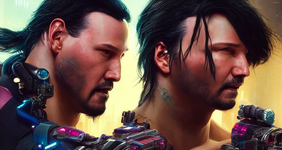 Image similar to a cyberpunk 2077 srcreenshot couple portrait of a Keanu Reeves and a female android in final kiss,love,film lighting,by Laurie Greasley,Lawrence Alma-Tadema,Dan Mumford,John Wick,Speed,Replicas,artstation,deviantart,FAN ART,full of color,Digital painting,face enhance,highly detailed,8K,octane,golden ratio,cinematic lighting