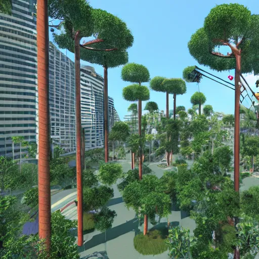 Prompt: a city made of trees, with walkways between the tree buildings, ziplines, lots of plants, realistuc