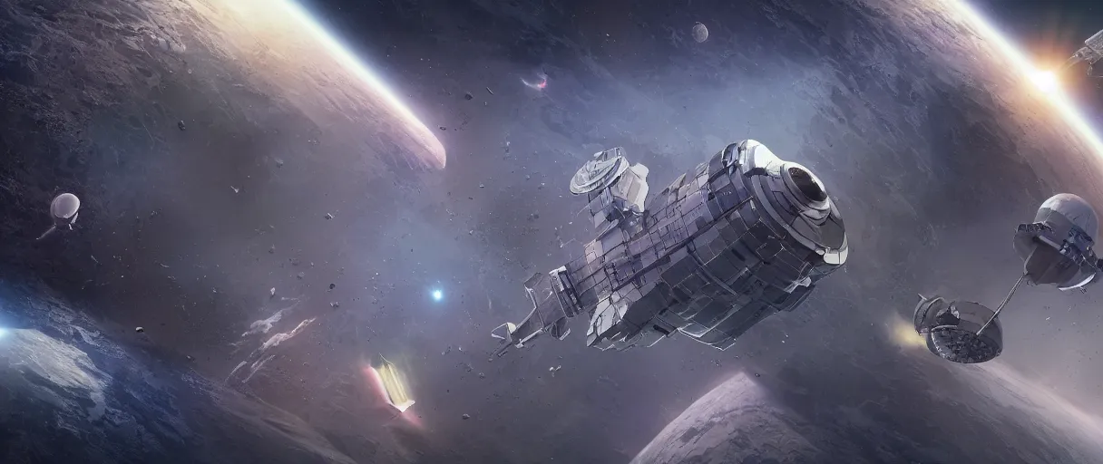 Image similar to illustration, a single small spaceship, deep space exploration, alone, the expanse tv series, industrial design, battlestar galactica tv series (2004), cinematic lighting, 4k, greebles, widescreen, wide angle, sharp and blocky shapes, extraterrestrial paradise, hyper realistic, hubble photography, wakfu palette, beksinski