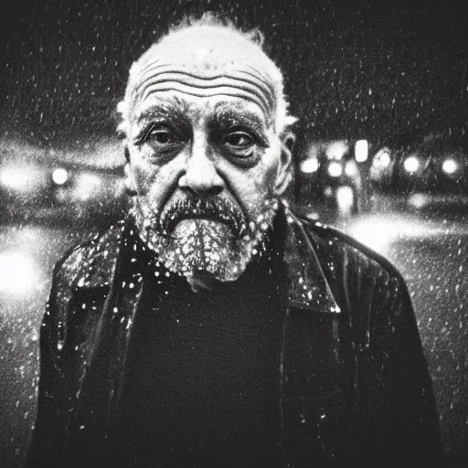 Image similar to Monochrome portrait of an intense old man with facial tattoos on a rainy misty street at night, the only light source is a bright overhead street light, close-up, motion blur, grainy Tri-X pushed to 3200, 24mm tilt-shift, water drops on the lens, holga