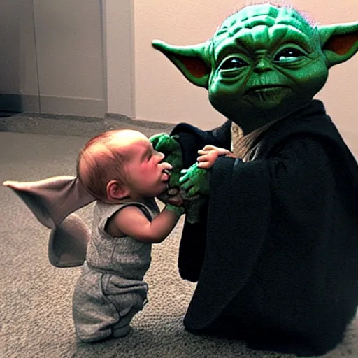 Image similar to baby yoda fighting baby Darth vader