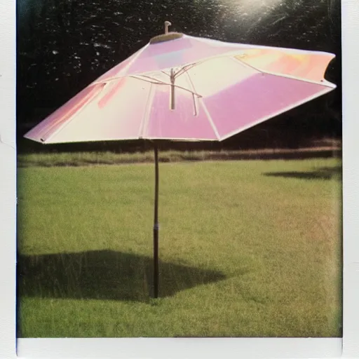 Image similar to a pastel coloured Polaroid photo of a sunbed and umbrella made of transparent iridescent perspex stood in a field, beams of light, nostalgic