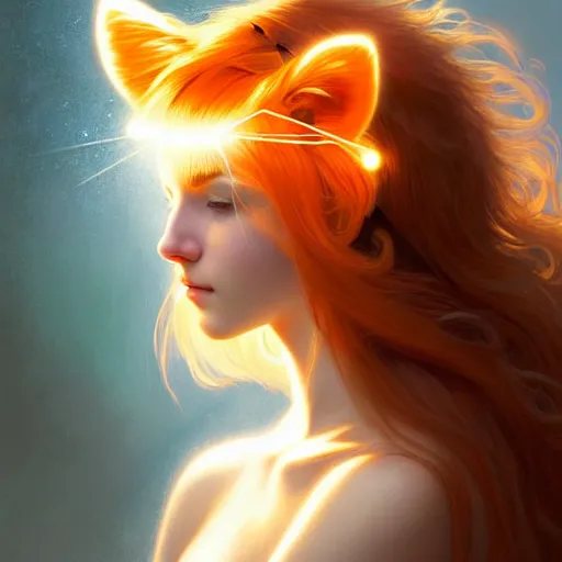 Image similar to Portrait of a girl angel with pale orange colored frizzy strands of illuminated hair, cat ears on her head, glowing halo, Lion's Mane, fantasy, intricate, elegant, highly detailed, digital painting, artstation, concept art, smooth, sharp focus, illustration, art by Krenz Cushart and Artem Demura and alphonse mucha