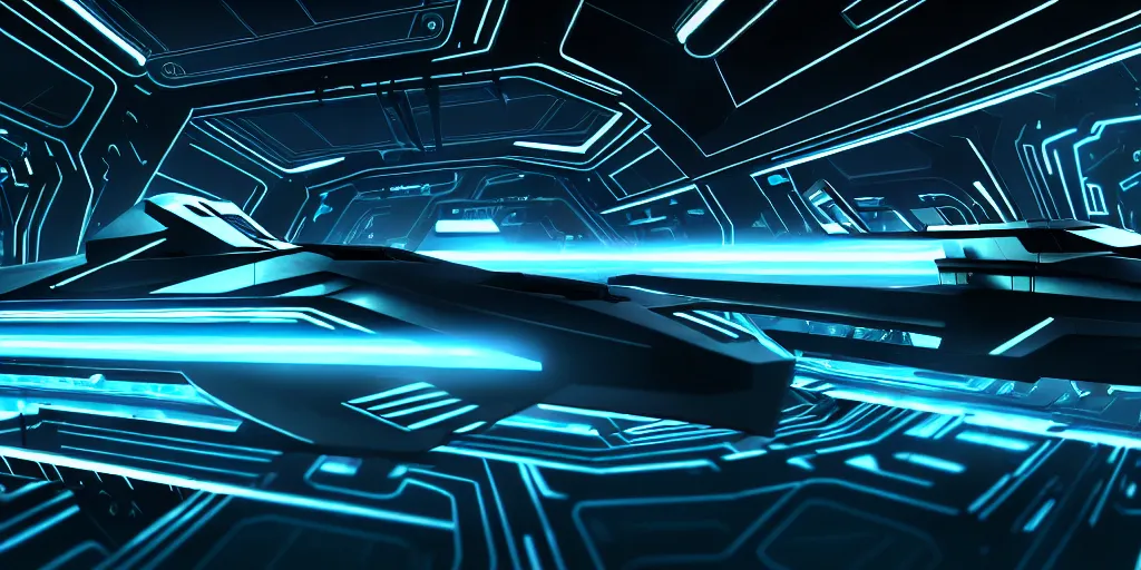 Image similar to a wide angle view of a technopunk spaceship in the style of tron legacy, hyperrealism, concept art, ominous, darksynth, illuminated lines, outrun, vaporware, misty, by ridley scott and denis villeneuve, dramatic lighting, 8 k