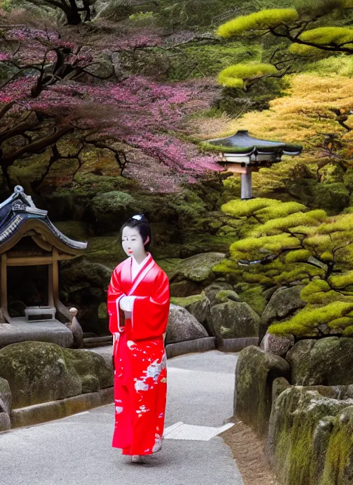 Image similar to photo of a japanese shrine maiden, young beautiful woman, award winning photo, stunning scenery, high definition, 8 k, dynamic lighting