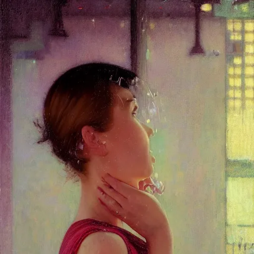 Image similar to detailed portrait of a woman, moment, cyberpunk cloisters, electronic billboards, tech noir, wet reflections, atmospheric, ambient, wlop, norman rockwell, alexis flower, hopper, livia prima, greg rutkowski, george tooker, gil elvgren, norman rockwell, alexis flower, hopper, mucha, whistler, norman rockwell, peter max,