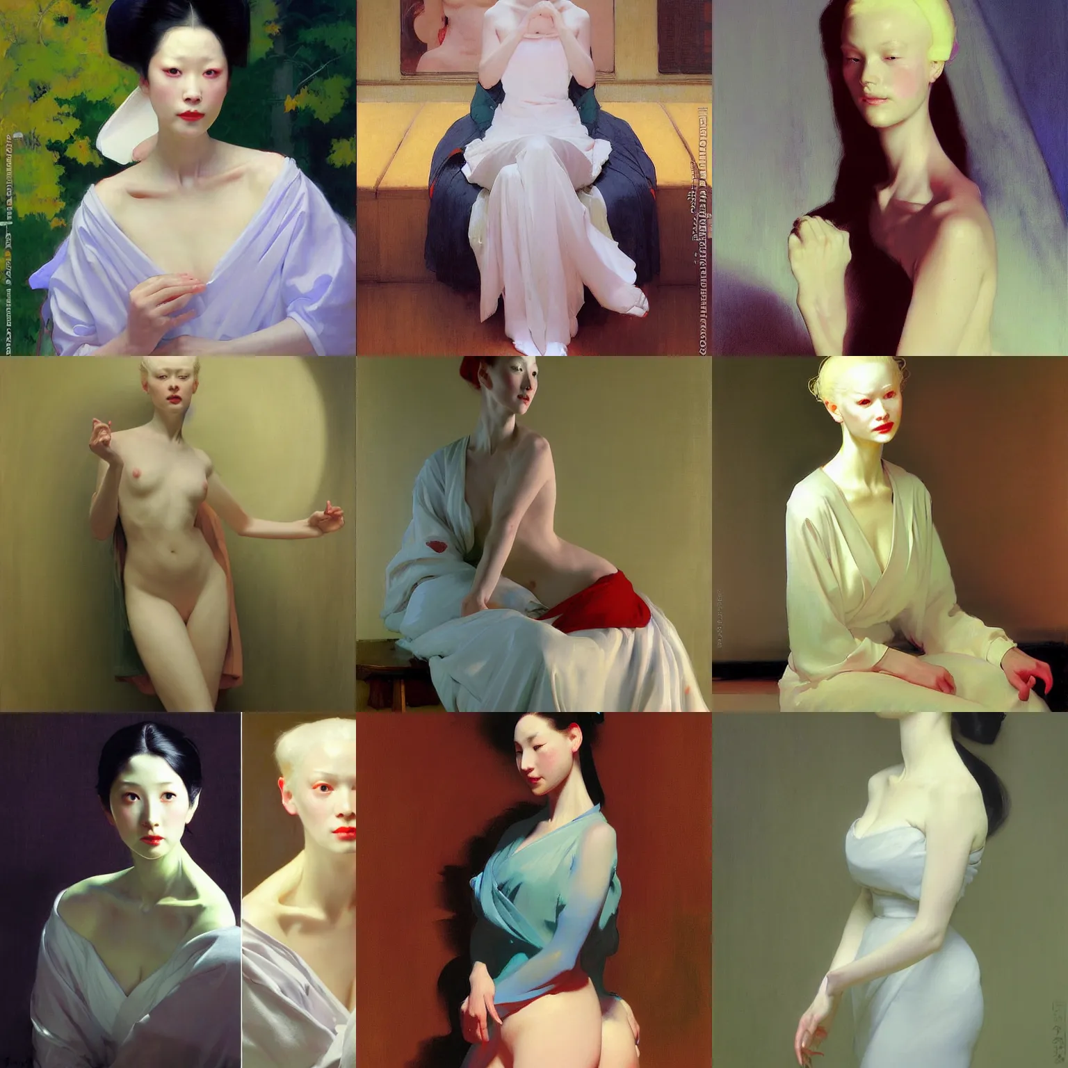 Prompt: yanjun cheng fullbody and portrait of a beautiful albino geisha android by norman rockwell, bouguereau