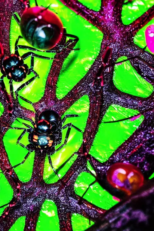 Image similar to high quality macro photo gelatinous spiders! gorgeous highly detailed hannah yata elson peter cinematic neon green lighting high quality low angle hd 8k sharp shallow depth of field