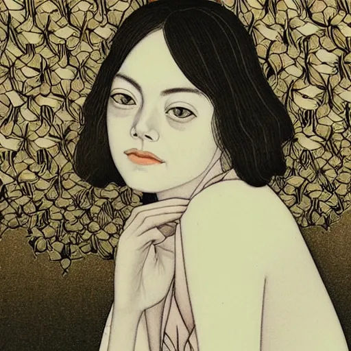 Prompt: “ emma stone portrait by ikenaga yasunari, drawing, realistic, sharp focus, japanese, dreamy, nostalgia, faded, golden hues, floral clothes, ”