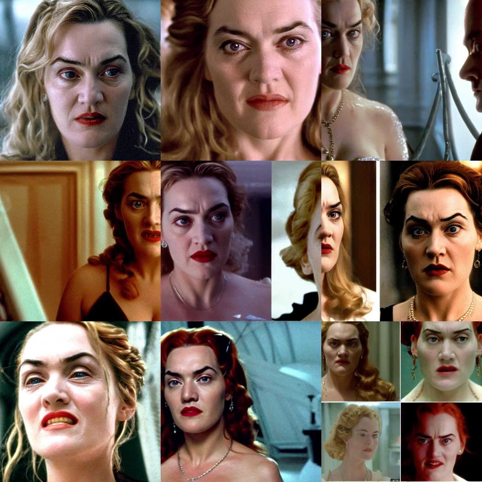 Prompt: the kubrick stare. smiling evil villain kate winslet in titanic ( 1 9 9 7 ). sinister, menacing grin, looking upward with head tilted down. deranged rose dewitt bukater. intense close - up. thriller.
