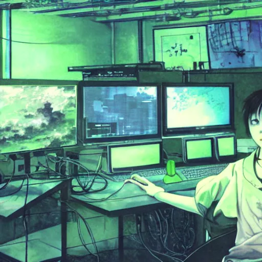 Image similar to portrait of lain iwakura, background room full of cables and computers, bright displays, blue and green tones by yoshitoshi abe, ruan jia and joao ruas, atmospheric