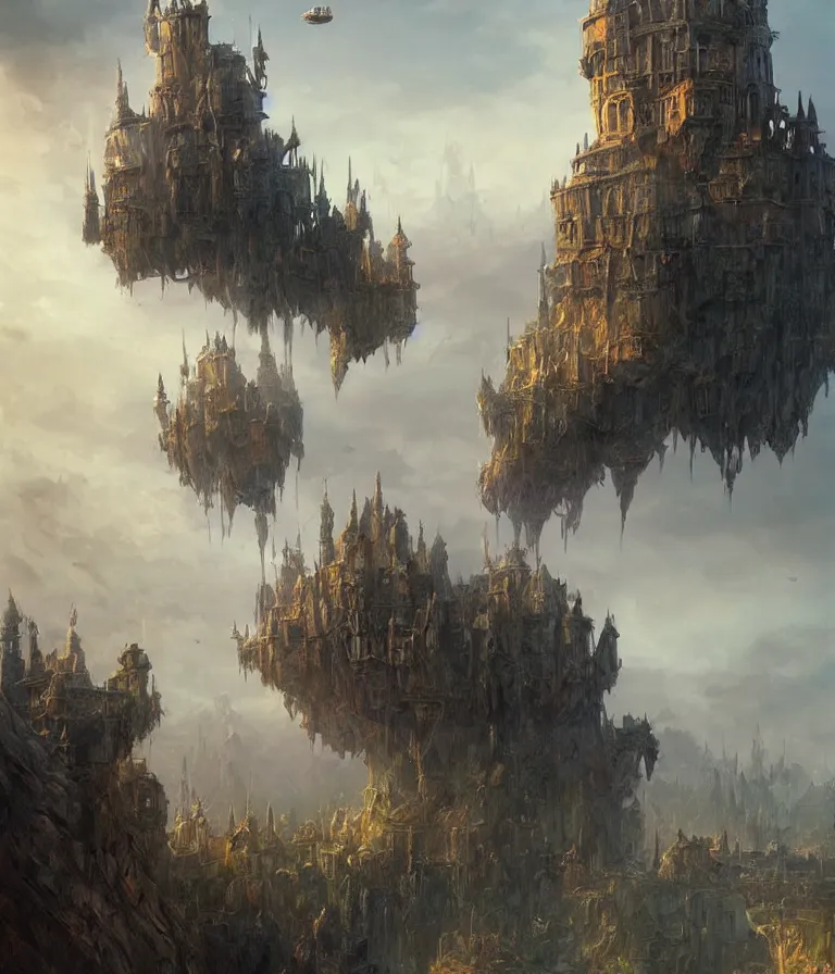 Image similar to a painting of a city castle floating in the air, flying island, sky town, levitating citadel, a matte painting by marc simonetti, deviantart, fantasy art, lush world above a vast apocalypse landscape, matte painting, apocalypse utopia art, sharp detail, ultrarealistic