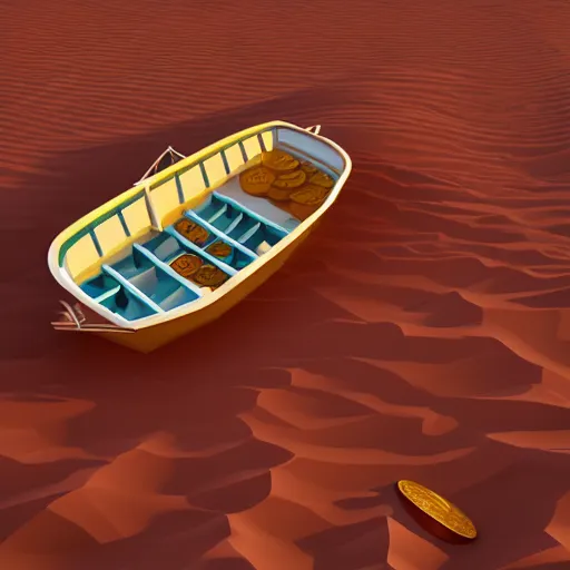 Image similar to boat in the dessert filled with coins, game concept, low poly