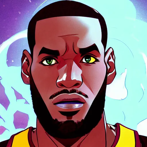 Prompt: lebron james as an anime protagonist, beautiful anime style, big cute eyes, portrait, close - up, cinematic rim lighting, dramatic pose, beautiful sunset, professional, highly detailed, clear, sharp, smug expression, expressive, trending on artstation