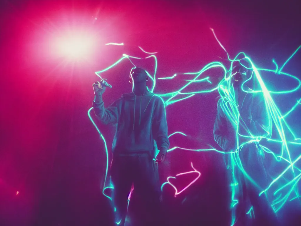 Image similar to man holding a microphone and rapping, epic pose, medium close-up, silhouetted, distinct figure, psychedelic hip-hop, laser light show, fog, beams of light