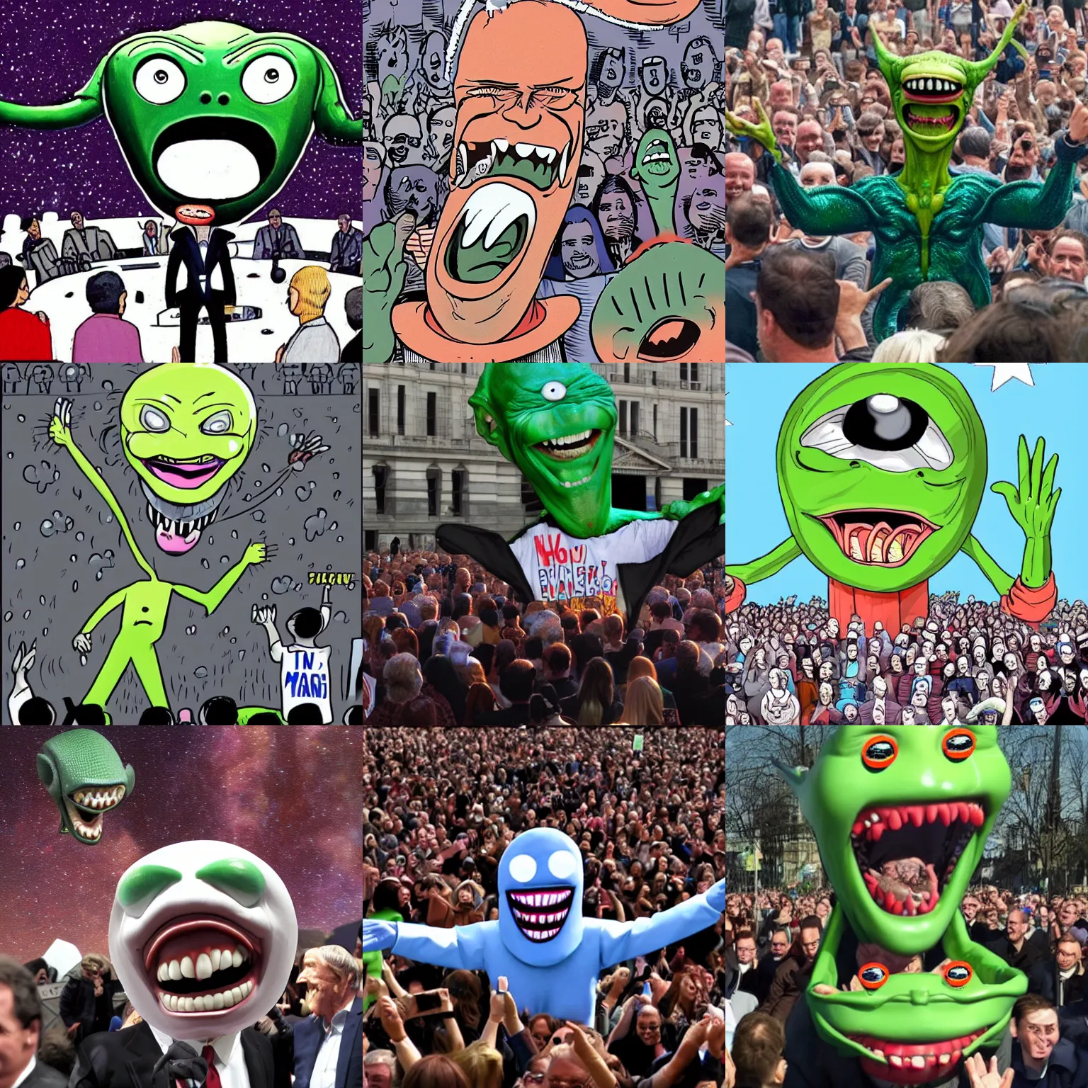 Prompt: an giant alien laughing at a crowd of politicians