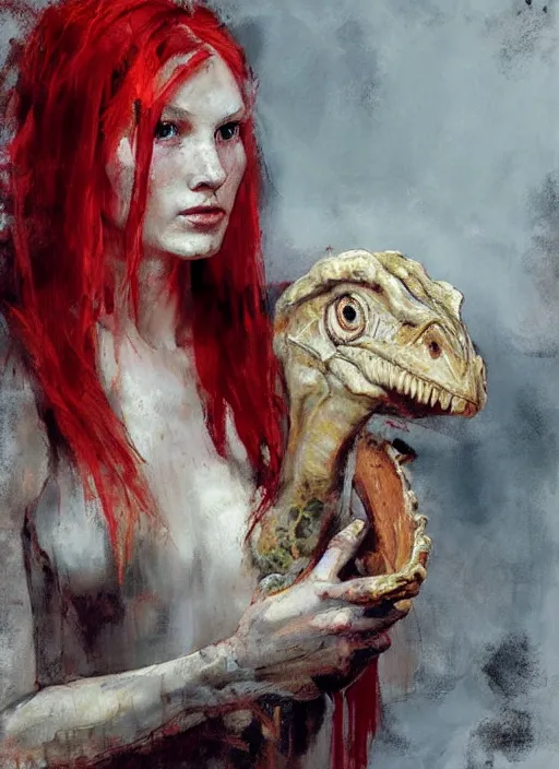 Image similar to portrait painting of beautiful red head ancient irish celtic priestess holding a velociraptor skull, by jeremy mann, only one head single portrait