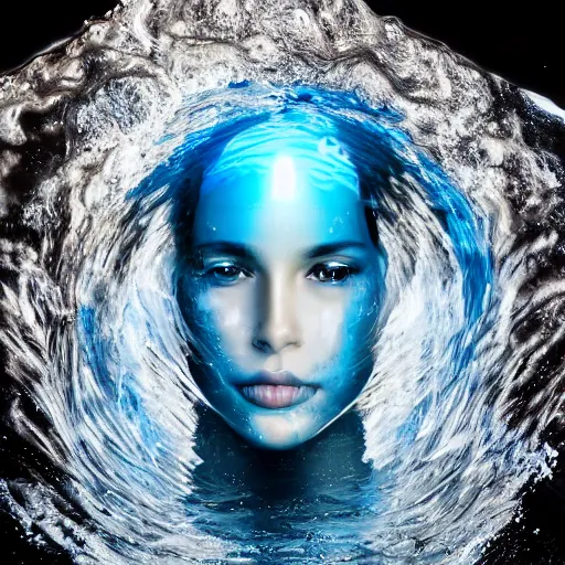 Image similar to water artwork manipulation in the shape of a human head, on the ocean water, ray tracing, realistic water sharp focus, long shot, 8 k resolution, cinematic, amazing water art