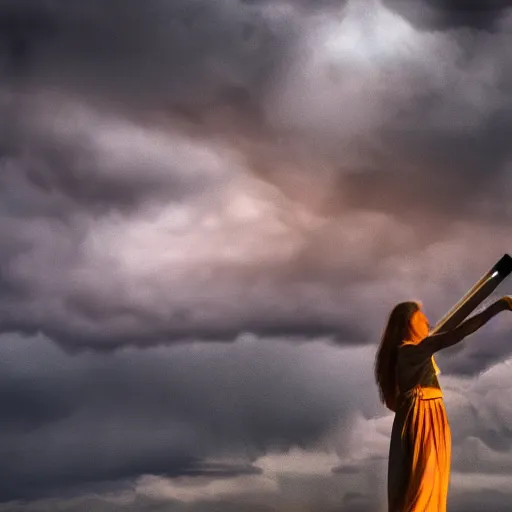 Prompt: michelangelo woman carrying torch at cnn headquarters with stormy lighting and clouds in the background 4 k hdr