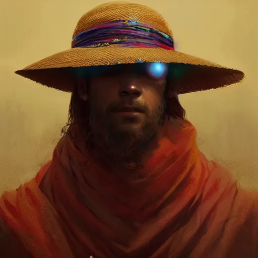 Image similar to portrait of a blindfolded man in multicolored robes, a large straw hat, detailed face, highly detailed, cinematic lighting, digital art painting by greg rutkowski