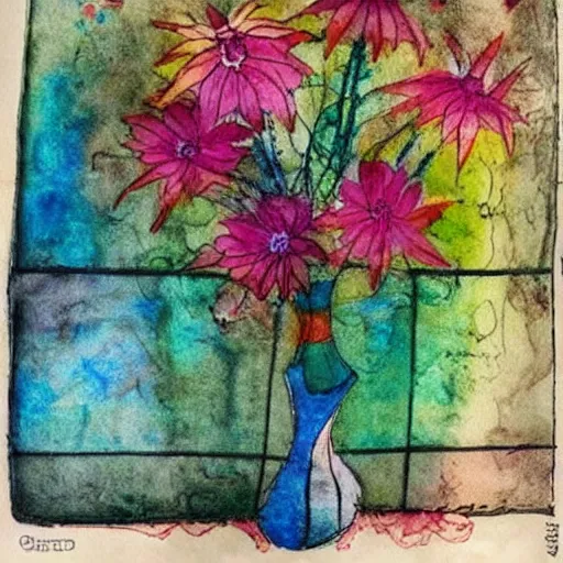 Prompt: a fancy vase with a colorful and beautiful flower arrangement by the close window. very stylize and delicate watercolor and pen drawing on old newspaper. klee and da vinci style. colors splashes. stains. view from far.