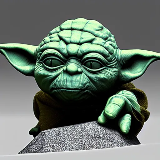 Image similar to 3 d render, yoda kissing the rock