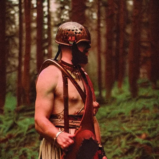 Image similar to close up kodak portra 4 0 0 photograph of a roman legimeer after the battle standing in dark forest, moody lighting, telephoto, 9 0 s vibe, blurry background, vaporwave colors, faded