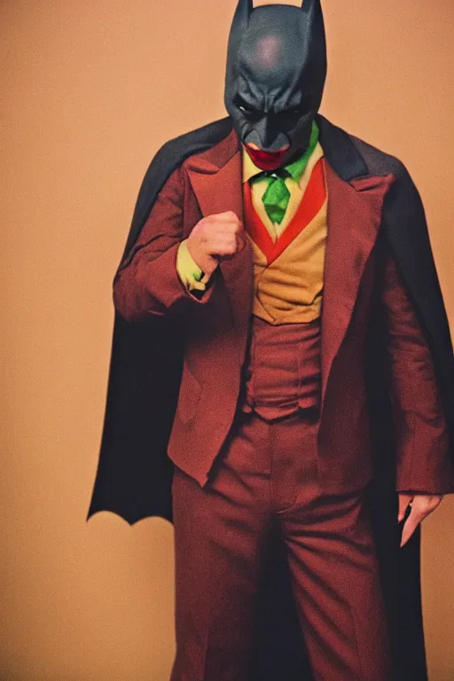 Prompt: Batman as the joker, portrait photograph, film grain