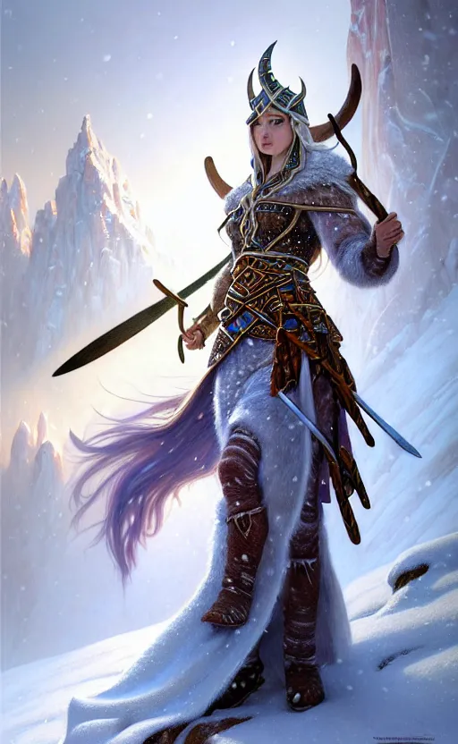 Image similar to opal viking warrior, regal, elegant, winter, snow, beautiful, stunning, hd, illustration, epic, d & d, fantasy, intricate, elegant, highly detailed, wide angle, digital painting, artstation, concept art, smooth, sharp focus, illustration, wallpaper, art by artgerm and greg rutkowski and alphonse mucha and jin xiaodi