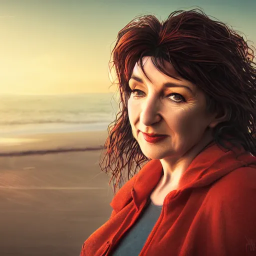 Image similar to a hyper real comic book style portait painting of kate bush on the beach, unreal 5, hyperrealistic, octane render, cosplay, rpg portrait, dynamic lighting