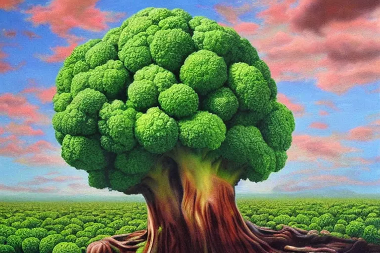 Image similar to broccoli hellscape, surrealism, elegant oil painting, highly detailed