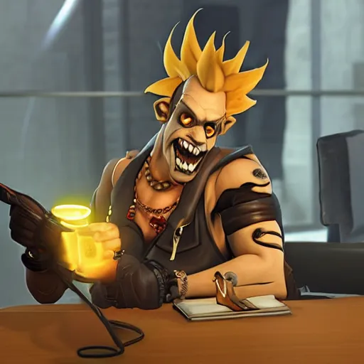 Prompt: junkrat from overwatch having a job interview