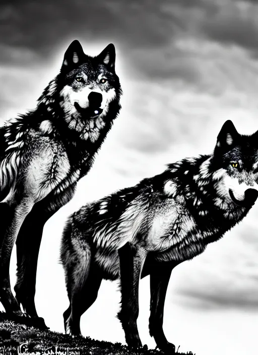 Image similar to two wolves black and white portrait white sky in background