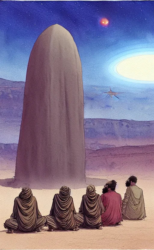 Image similar to a hyperrealist watercolour character concept art portrait of a group of middle eastern men kneeling down in prayer in front of a 1 2 ft. thin alien on a misty night in the desert. a ufo is in the background. by rebecca guay, michael kaluta, charles vess and jean moebius giraud