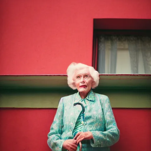 Prompt: Polaroid Medium Shot portrait of a very well-dressed old lady in a balcony of a red hotel, photo made by Wes Anderson award winning, 4K