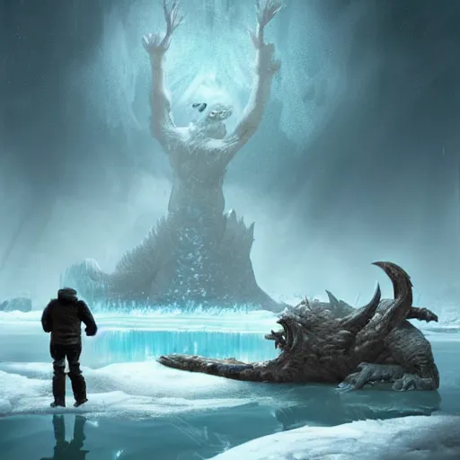 Image similar to a frozen lake with a monster trapped under the ice, dramatic lighting, cinematic, establishing shot, extremely high detail, photo realistic, cinematic lighting, post processed, concept art, artstation, matte painting, style by eddie mendoza, raphael lacoste, alex ross