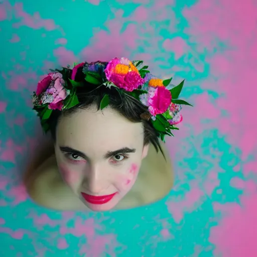 Prompt: guy, flower crown, milk bath photography, aerial view, close up, faded!, 9 0 s vibe, vaporwave colors,