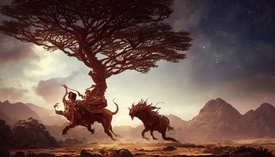 Image similar to a beautiful ornate woman, riding a bull in socotra island with dragon trees, starry night, sharp focus, wide shot, trending on artstation, masterpiece, by greg rutkowski, by ross tran, by fenghua zhong, octane, soft render, ultrarealistic, colorful, cinematic, shadow of the tomb rider