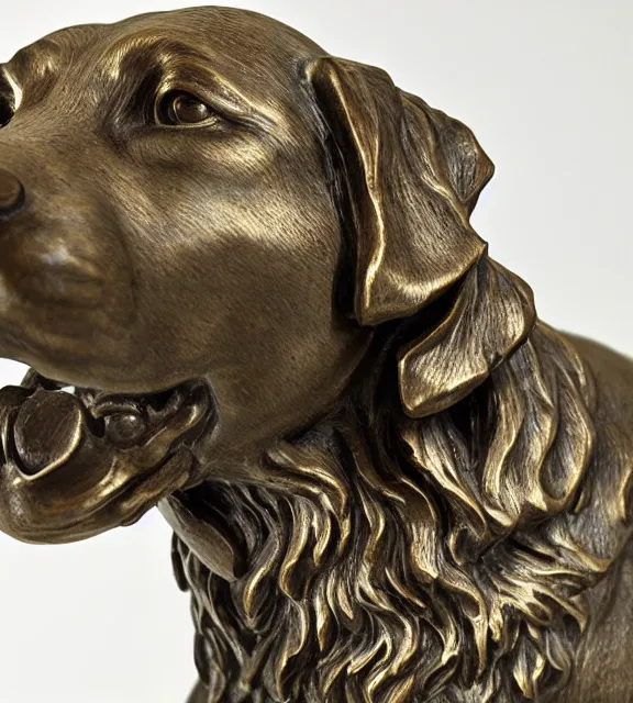 Image similar to a 4 k photorealistic photo medium shot of a bronze statue of a golden retriever.