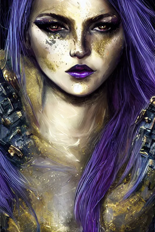 Image similar to portrait evilly knights of Zodiac girl+smoky eyes, metalic deep purple and black reflected armor, in ruined Agora of Athens thuder flash night and stormy rainning, ssci-fi, fantasy, intricate, very very beautiful, elegant, golden light, highly detailed, digital painting, artstation, concept art, smooth, sharp focus, illustration, art by tian zi and WLOP and alphonse mucha