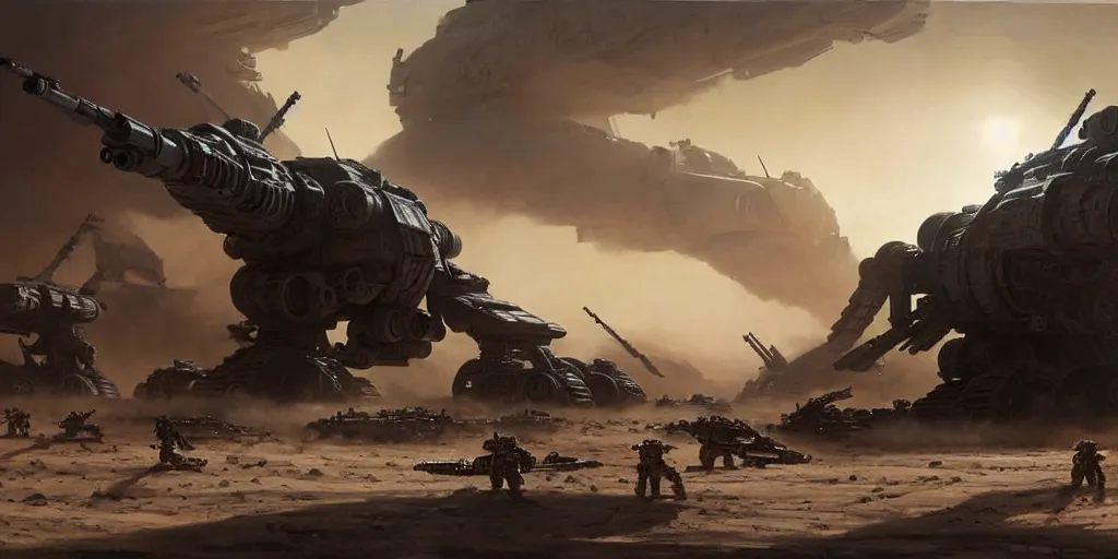 Prompt: hyper realistic sci - fi matte concept art painting of epic cinematic battle between a variety of mechwarriors and soldiers fighting on mars, guns, missiles, explosions, beautiful details, strong composition painted by kim jung guweta studio rutkowski, james gurney and greg rutkowski, and lucasfilm, smooth, intricate, detailed, sharp focus, cinematic