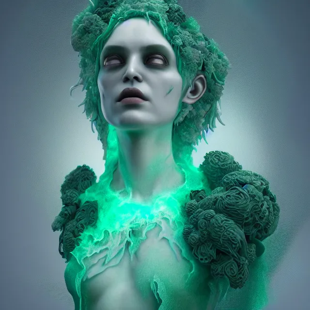 Prompt: a striking! render of ethereal beings made of gauze, emerald, and smoky gray quartz, new age artwork, octane, houdini, 8 k, cgsociety, intricately detailed, wyrd, eerie, liminal