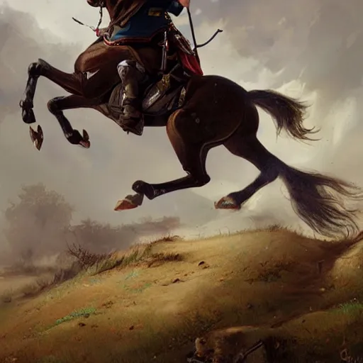 Image similar to napoleon on his horse while holding his gun and shooting by greg rutkowski