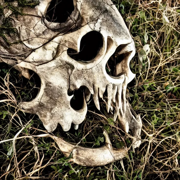 Prompt: overgrown foliage on a wolf skull, close - up, beautiful, lens flare, emotional, sweet