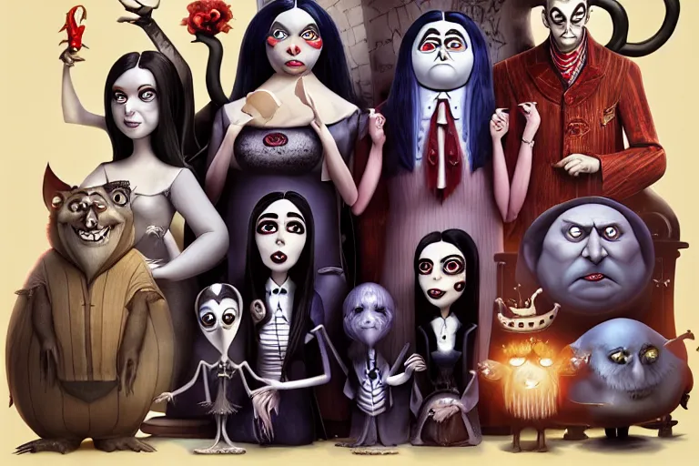 Image similar to the addams family, american mcgee's alice, sharp focus, artstation, trending, by julie dillon, luis melo, tyler miles lockett, lei jin, hong lei, ken wong, adam narozanski, joy ang