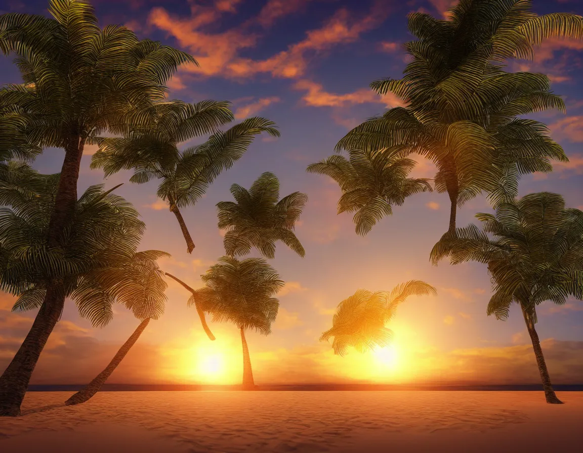 Image similar to 3 d rendering o photorealistic flying sandy beach flat planet with one exotic palm tree, sunset lighting